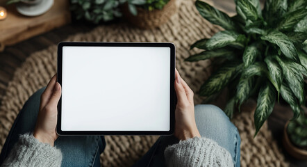 
A close-up image: A woman using a digital tablet with a blank white screen while working. This is a tablet mockup for online marketing or web templates.