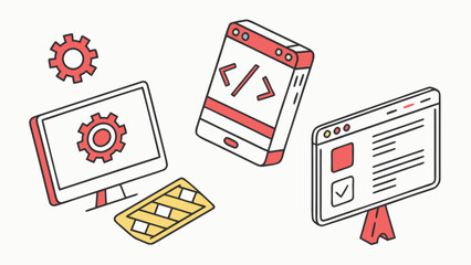 Isometric software development process with computer mobile app and website design process vector illustration