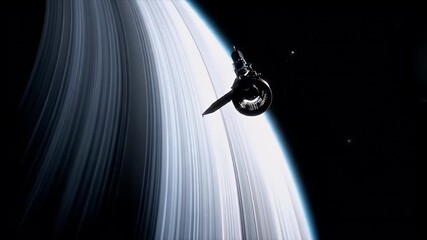 Wall Mural - Dark Blue Spacecraft Orbiting a Pale Blue Planet with Bright White Rings Detailed View of a Futuristic Spacecraft Navigating Through a Celestial Ring