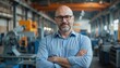 © Viktor - Middle-aged man in blue shirt wearing glasses in factory. Businessman with crossed arms smiling confidently at camera. Portrait of successful owner, entrepreneur. Indoor work environment.