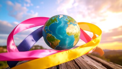 Earth globe embraced by colorful ribbons, symbolizing global unity and peace, set against a beautiful sunset sky.