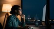 © Ah-Rong-I - Thoughtful professional Black businesswoman looking at computer screen, thinking and problem-solving while working overtime in a softly lit modern office at night.