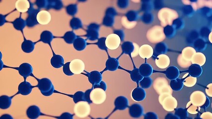 Sticker - Detailed 3D Rendering of a Molecular Structure: Blue and Orange Spheres Connected by Bonds Against an Orange Background. This Dynamic Visualization