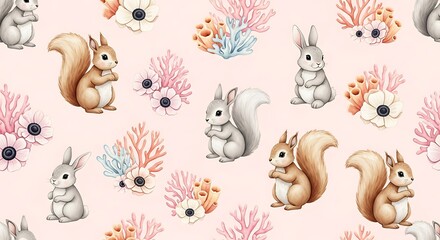  Watercolor bunny and squirrel illustration on pink background, creating a soft, decorative pattern.