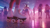 Retro neon roller skater disco night party. Skate party, roller skating rink with chill music