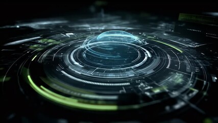 Wall Mural - detailed rotating circular digital interface with neon green and blue glowing lines on dark backgrou