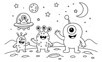  Cute cartoon aliens on moon adventure with ufo and stars