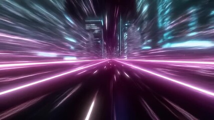 Wall Mural - futuristic cityscape with neon pink and blue lights: a seamless loop of dynamic motion graphics show