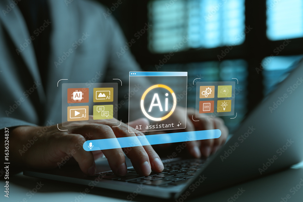 Computer Help Ai Person working on laptop with AI assistant interface, representing ...