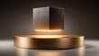 © Monivara Creations - Metallic cube hovering above golden podium, modern presentation stage