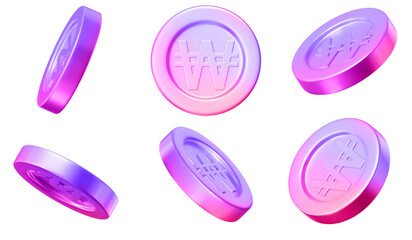 Wall Mural - 3d set neon korean won coins with different angles. y2k style. stock vector illustration on isolated