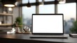 © shani - Modern Laptop Mockup on a Dark Desk in a Stylish Office with City View.