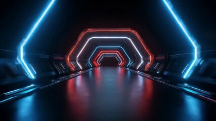 Wall Mural - red and blue neon lights in a futuristic hexagon shaped tunnel digital 3d rendering sci fi technolog