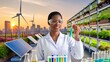 © AliRza - A female scientist works on a rooftop urban farm, holding a test tube, with a city skyline, solar panels, and wind turbines in the background.