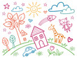 © sporsho - Whimsical children’s crayon drawing pattern featuring house, rainbow, sun, flower, and cat. Colorful sketch background perfect for preschool themes, baby room, or classroom decor.