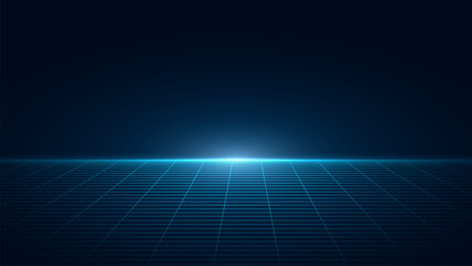 Tech Grid of Curved 3D Stage. Perspective Grid Floor. VR Virtual Reality Metaverse Environment. Abstract Dark Surface with light effect vector illustration.