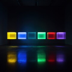 Poster - colorful neon light installation in minimalist art gallery space