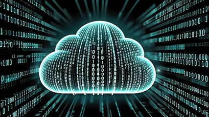 Abstract cloud computing concept with binary code and glowing elements.
