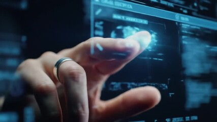 Close up of hand touching digital screen with data and code information