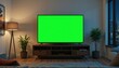 © Areeba - The interior of a chic loft apartment featuring a TV set and a green screen mock-up display on a television stand.  A vacant living room at home, including a chroma key placeholder on the screen.  A n