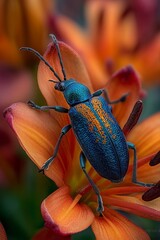 Wall Mural - A stunning close-up of a vibrant orange and blue metallic lily, showcasing intricate details and vivid colors. Perfect for nature, floral, or artistic advertising themes.