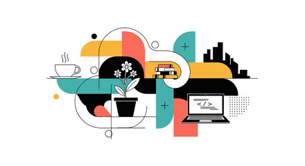 Abstract geometric design with technology and nature elements