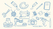 © MH HASIB - Arts and Crafts Icon Set. Blue hand drawn vector illustration of creative hobby supplies. Doodle clipart of painting, sewing, and photography tools for workshop and DIY design. Art graphic.