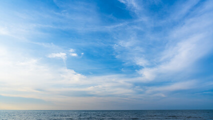 Wall Mural - sky blue background, sea white cloud summer horizon landscape, bright panorama ocean nature sunlight