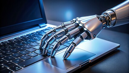 futuristic robot hand typing on a sleek laptop keyboard, symbolizing ai and automation in technology