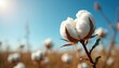 © Maryna - Close-up of fluffy white cotton boll on stalk under bright sun, blue sky. Blurry field background shows cotton plants, hinting at harvest season agriculture, natural fiber production for textiles.