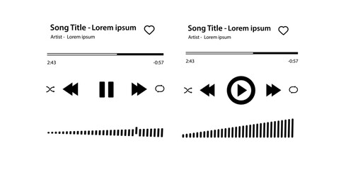 Music player Song plaque with buttons loading bar equalizer sign sound wave and frame for album photo. Trendy music player interface . Vector