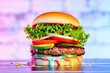 © Pixel Vista - Delicious and Colorful Gourmet Burger with Fresh Ingredients Stacked High Ready to Eat