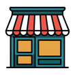 © Design Touch - Vector art of store or shop building icon with awning and windows, representing retail, business, commerce, and shopping