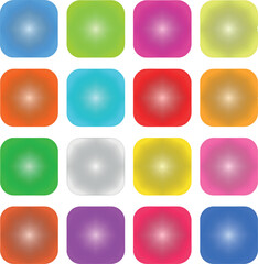 Glossy Web Button Icon Vector Set – Colorful Circle, Square, and Round Design Elements in Orange, Green, Yellow, Pink, and Glass Sphere Styles for Internet UI, Shiny 3D Illustration
