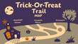 © Hamza - Halloween trick or treat trail map featuring a haunted house pumpkin patch and graveyard with a spooky moon and tree