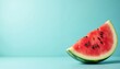 © Maryna - Fresh juicy watermelon slice with black seeds on vibrant turquoise background. Refreshing summer fruit healthy lifestyle, picnics, seasonal sales with bright red color, juicy texture.