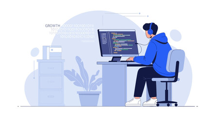 Focused programmer at desk working with code on computer, promoting growth and innovation