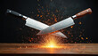 © Maryna - Two chef knives collide mid-air in dramatic culinary clash. Sparks fly from impact, intense battle between blades. Dynamic scene captures ferocity, skill of cookoff, evoking high-stakes kitchen