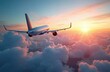 © Maryna - Airplane flies above colorful clouds during sunset. Aircraft journey through sky with pastel colors atmosphere. Passenger travel adventure high up over cloudscape horizon.