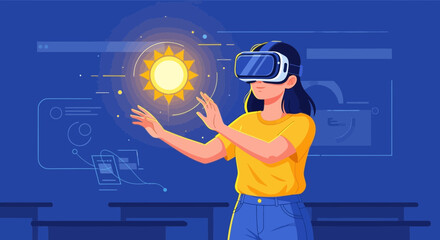 Young Woman Immersed in Virtual Reality Metaverse Experience Through Modern Headset
