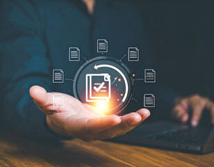 digital media concept with a businessman pressing a virtual social network icon on a touchscreen
