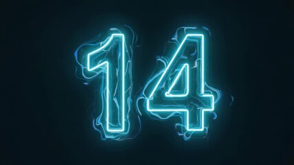 Wall Mural - bright blue neon number fourteen glowing vibrantly against a dark background, radiating a futuristic