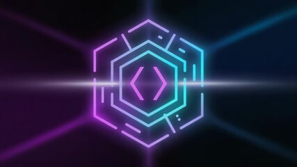 Wall Mural - glowing neon hexagon featuring programming brackets represents software development and coding, embo