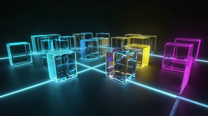 Wall Mural - groups of colorful, glowing cubes arranged on a grid intersected by vibrant neon lines, forming a ca
