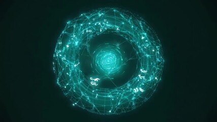 Wall Mural - glowing plexus sphere rotating on dark background, showing futuristic data flow with digital binary 