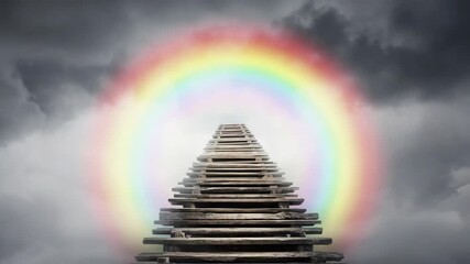 Wall Mural - wooden stairway leading up to bright light and rainbow in cloudy sky, representing concepts such as 