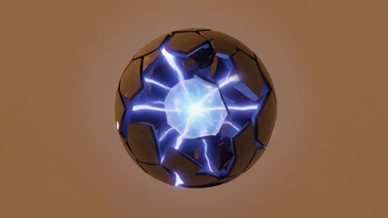 Wall Mural - metallic sphere breaking apart, revealing a vibrant blue energy core that emits powerful beams of li