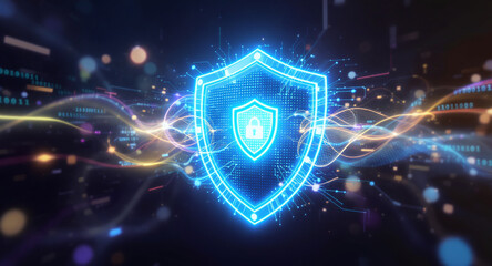 Shield icon on secure global network representing cyber security and information protection, advanced technology concept for business and internet marketing, ensuring data safety and digital defense 
