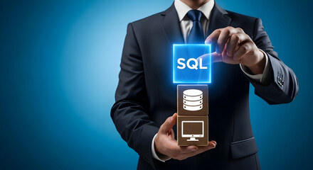 business professional interacts with a glowing digital interface connecting data management and comp