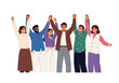 © Habiba - Diverse group of people with raised hands celebrating success and unity, isolated on white background
